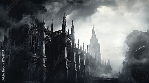 A gothic cathedral in a dark, stormy sky, perfect for Halloween, horror, and fantasy projects. 
