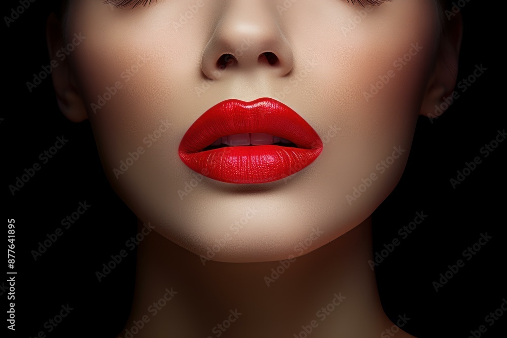 Naklejka premium Macro shot of woman's red lips parted slightly against a dark backdrop evoking elegance