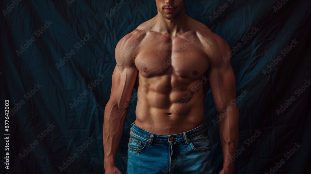 Fit male with a six-pack showcases his muscular torso wearing jeans on a black backdrop. Fit male with a six-pack showcases his muscular torso wearing jeans on a black backdrop.