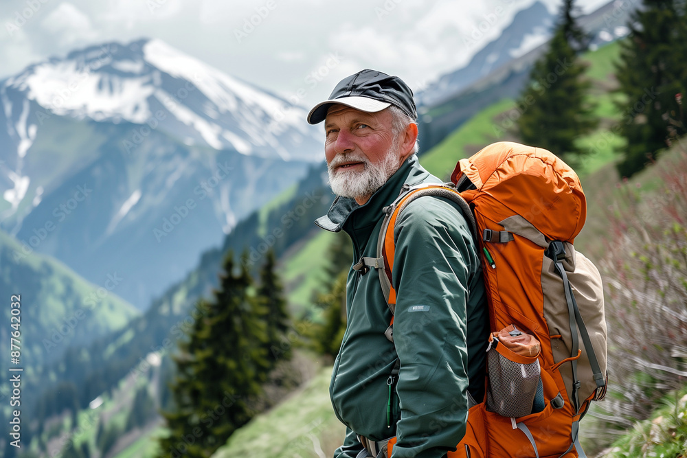 middle-aged man with backpack hiking in the mountains, man, standing at an angle. He's smiling on a hike in the summer, man in functional outdoor clothes with a massive backpack
middle-aged man with backpack hiking in the mountains, man, standing at an angle. He's smiling on a hike in the summer, man in functional outdoor clothes with a massive backpack