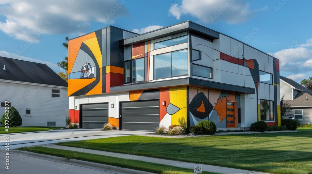 Fototapeta premium contemporary suburban home with a bold, abstract exterior paint job that makes it stand out in a traditional neighborhood