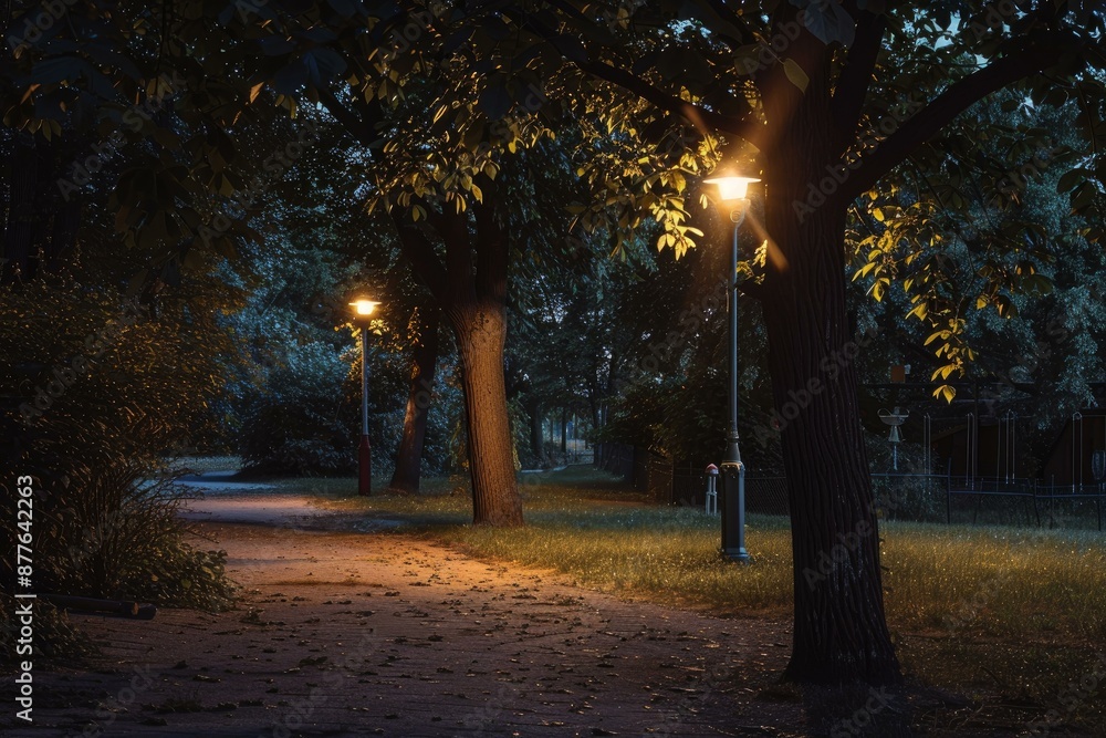 Fototapeta premium Deserted park path is illuminated by street lamps, casting a warm glow on the trees and surrounding foliage at dusk