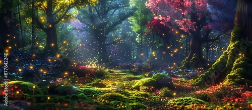 Vibrant fireflies illuminate a mystical woodland, rainbow-hued trees, and lush moss, captured in stunning photorealism.