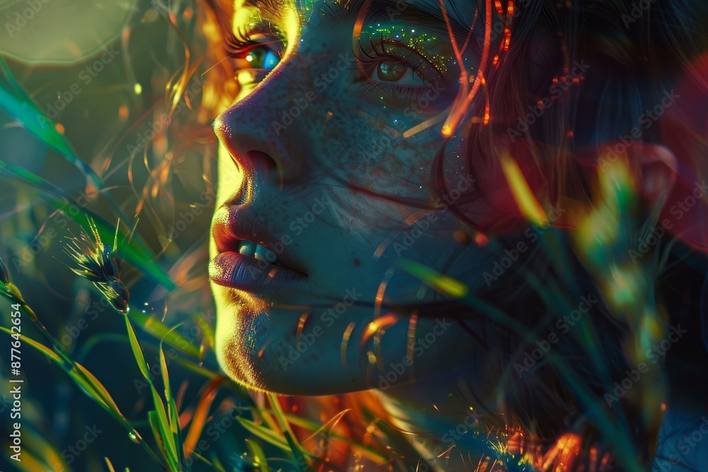 Surreal portrait of a young woman with freckles and sparkles on her face, posing in nature at sunset Surreal portrait of a young woman with freckles and sparkles on her face, posing in nature at sunset