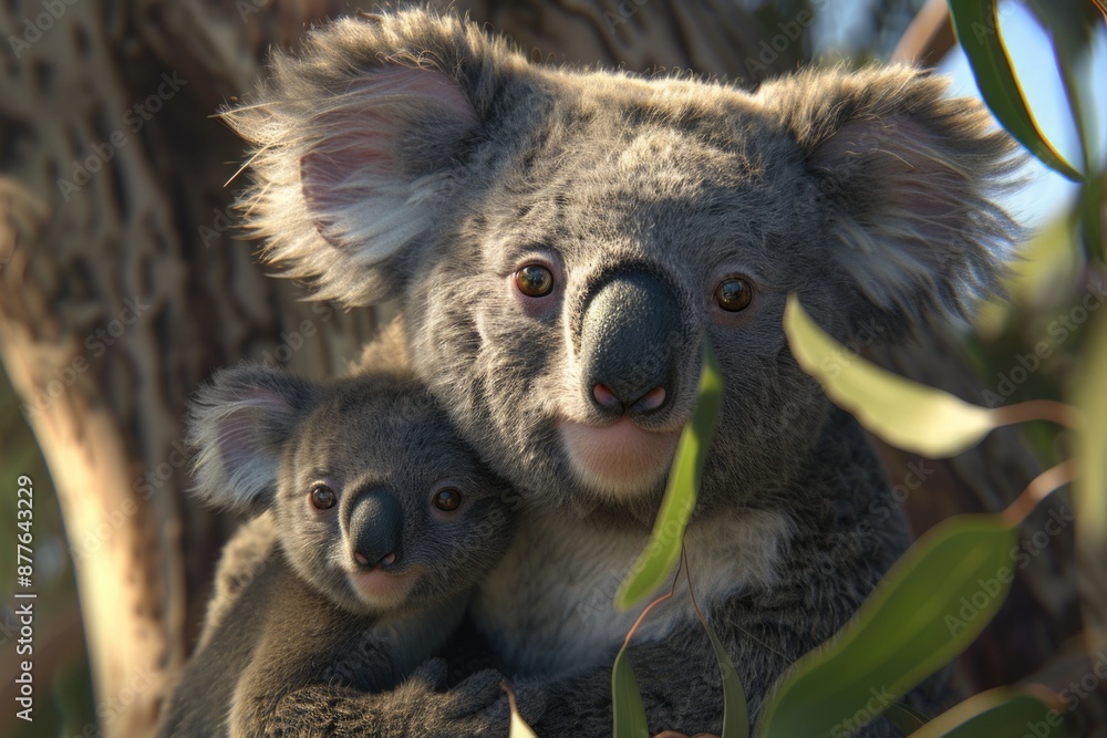 Obraz premium A mother koala holds her baby tight in a tree branch, highlighting the bond between them