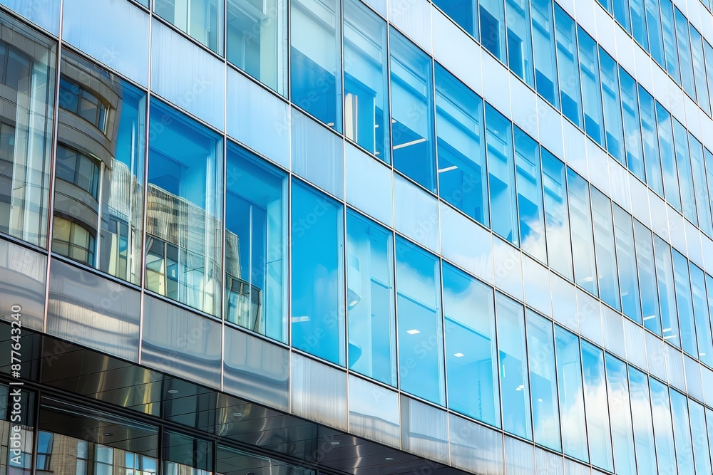 Modern commercial building facade with sleek glass windows and reflective surfaces Modern commercial building facade with sleek glass windows and reflective surfaces
