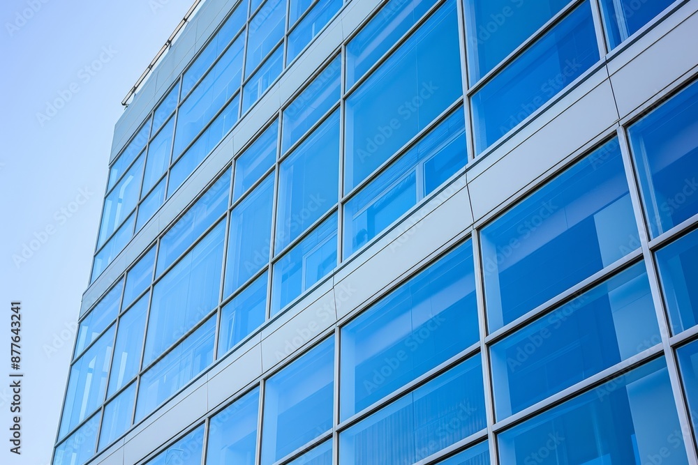 Modern commercial building facade with sleek glass windows and reflective surfaces Modern commercial building facade with sleek glass windows and reflective surfaces