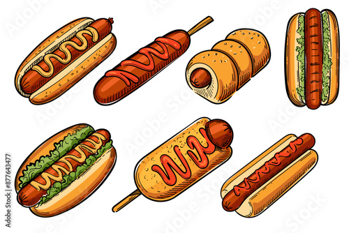 Set of hand-drawn hot dogs in various styles, colorful sketch vector illustration isolated on white background
