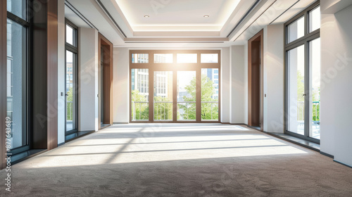 Empty bedroom entrance in a new modern luxury apartment with large windows, bright lighting, and carpeted floors. © Mahmud