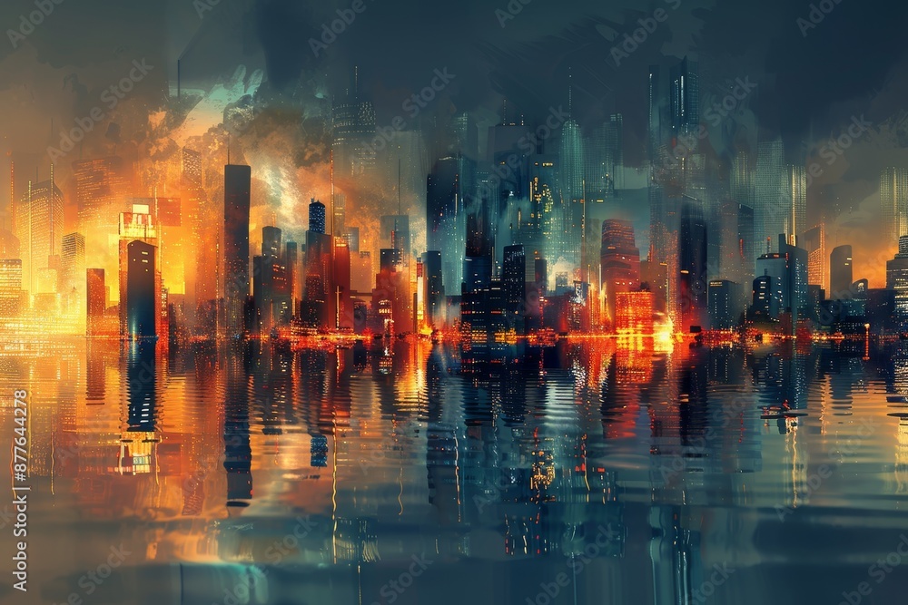Obraz premium Abstract city skyline with glowing lights, representing urbanization and progress concept