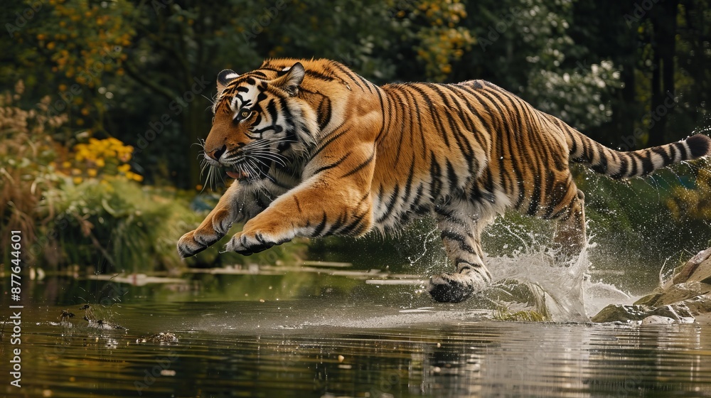 Fototapeta premium A powerful tiger is depicted in mid-jump, crossing a body of water with a lush green forest background, showcasing its strength and dynamism in the wild.