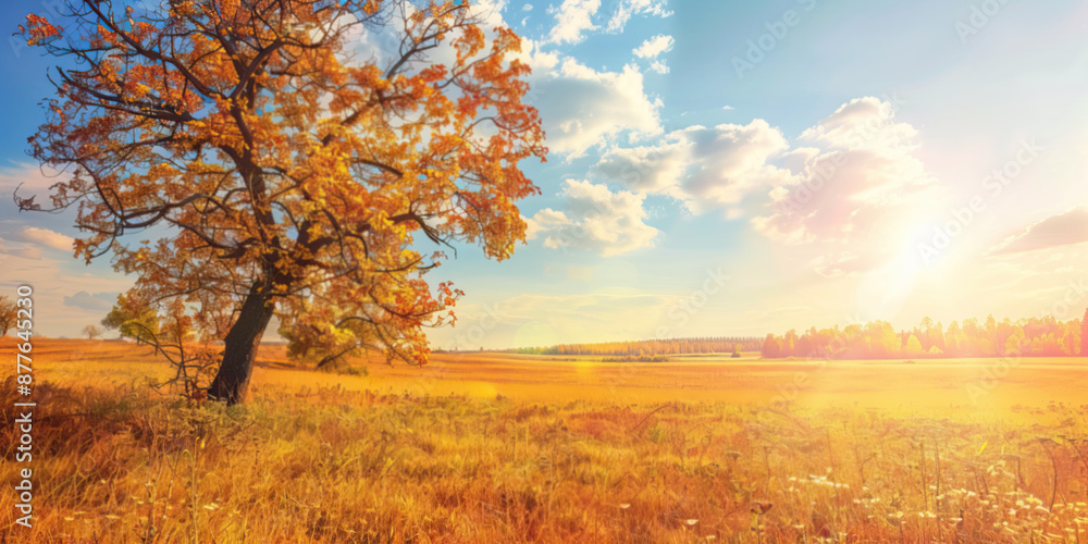 Fototapeta premium An autumn field, the sun is shining. Landscape in fall