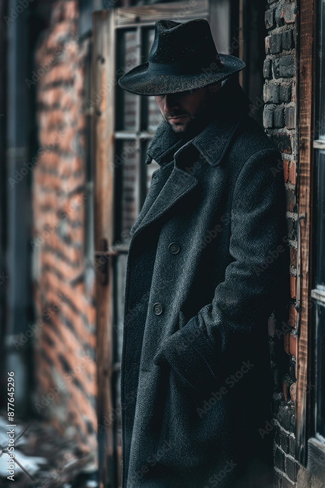 A man wearing a hat and coat leans against a brick wall, possibly waiting or lost in thought A man wearing a hat and coat leans against a brick wall, possibly waiting or lost in thought