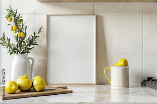 Decoração de Cozinha com Limões, Utensílios e Quadro em Branco em Estilo Rústico photo