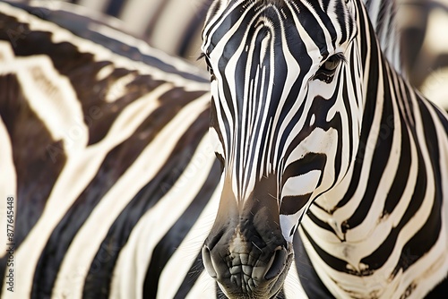 A close-up of a zebra's stripes merging and diverging photo