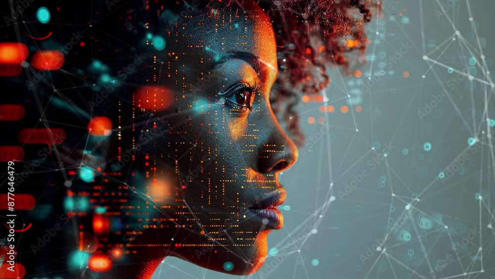 Black woman cyber security expert. With AI code illusminated overlay around her. Working in a data center. Female Computer Engineer. Generate AI. Black woman cyber security expert. With AI code illusminated overlay around her. Working in a data center. Female Computer Engineer. Generate AI.