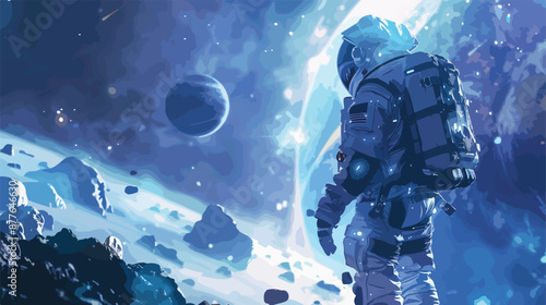 Astronaut unknown planet in the background light ray