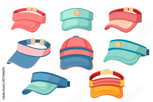Set of different types of visor caps. Hat with curved brim and a round crown vector illustration isolated on white background