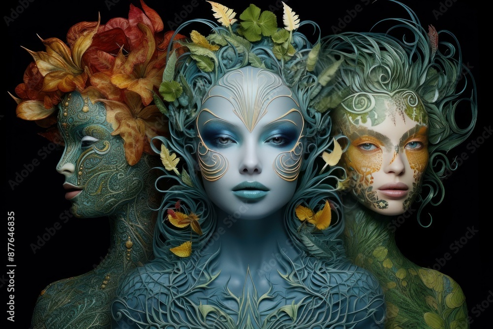 Three models with intricate body paint depicting forest nymph elements on a dark background Three models with intricate body paint depicting forest nymph elements on a dark background