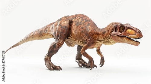 A dinosaur depicted with fierce eyes and sharp teeth, rendered with realistic details and textures, standing against a plain white background in a dynamic pose. photo