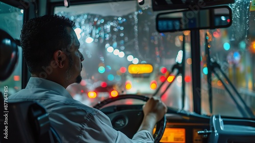 A bus driver is navigating through rainy night traffic, with blurred lights and raindrops on the window creating a visually dramatic urban scene. Reflective surfaces abound. photo