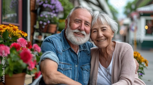 The elderly couple with flowers