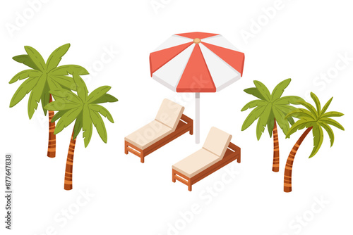 Set of Wooden beach sunbed with soft mattress and with sun umbrella vector illustration