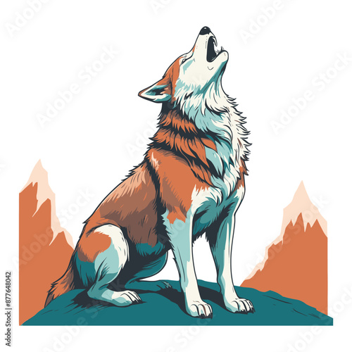 Wolf Howling on Rock Flat Vector Illustration
