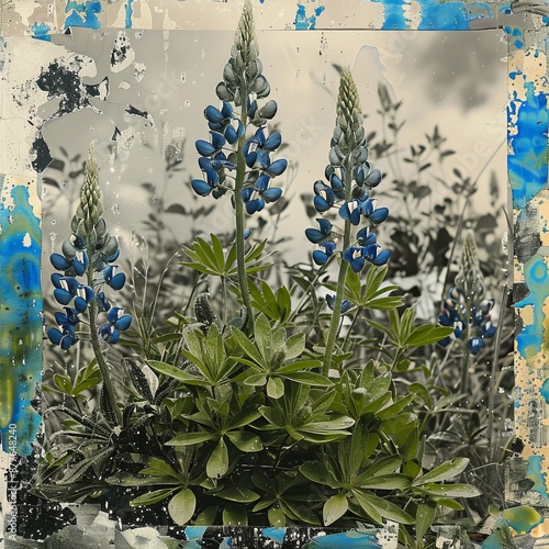 Wallpaper Mural Close-up of blue lupine flowers and green leaves showcased with abstract artistic elements, creating a blend of realism and modern visual style with a touch of nostalgia. Torontodigital.ca