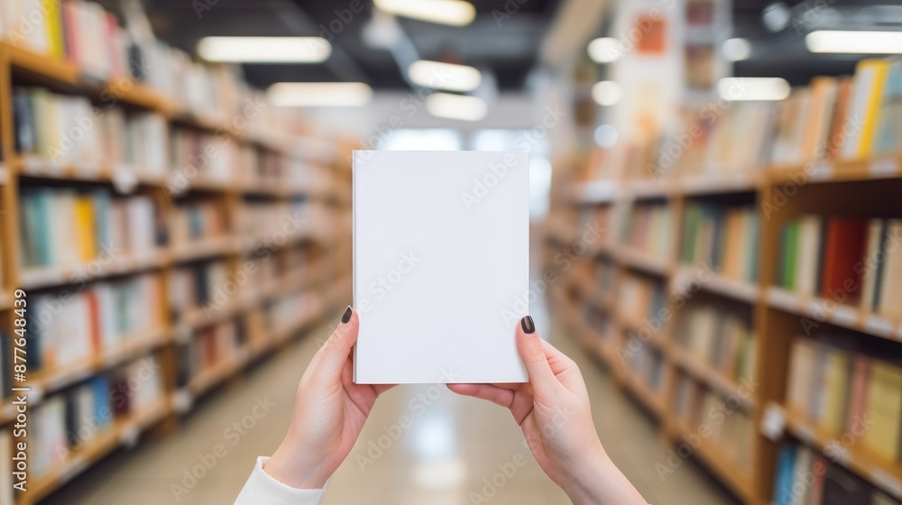 Female hands holding a book with blank cover mockup. The bookstore or library blurred background Female hands holding a book with blank cover mockup. The bookstore or library blurred background