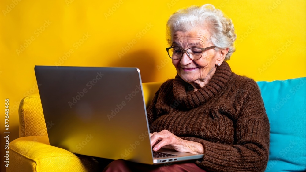 Elderly Woman in Brown Sweater Using Laptop on Yellow Sofa with Bright Yellow Background Elderly Woman in Brown Sweater Using Laptop on Yellow Sofa with Bright Yellow Background