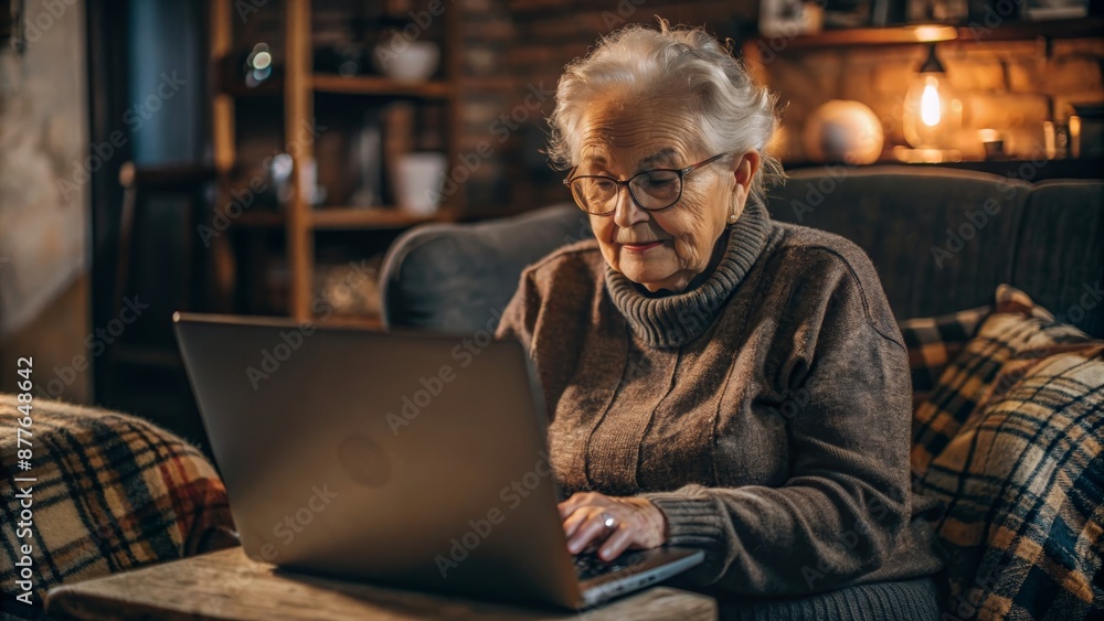 Elderly woman using laptop at home, senior citizen technology use, older adult on computer Elderly woman using laptop at home, senior citizen technology use, older adult on computer