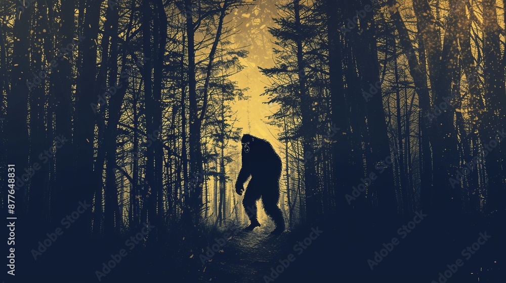 Naklejka premium A figure resembling Bigfoot can be seen strolling through a misty forest at twilight, adding an air of mystery and enchantment to the natural surroundings.