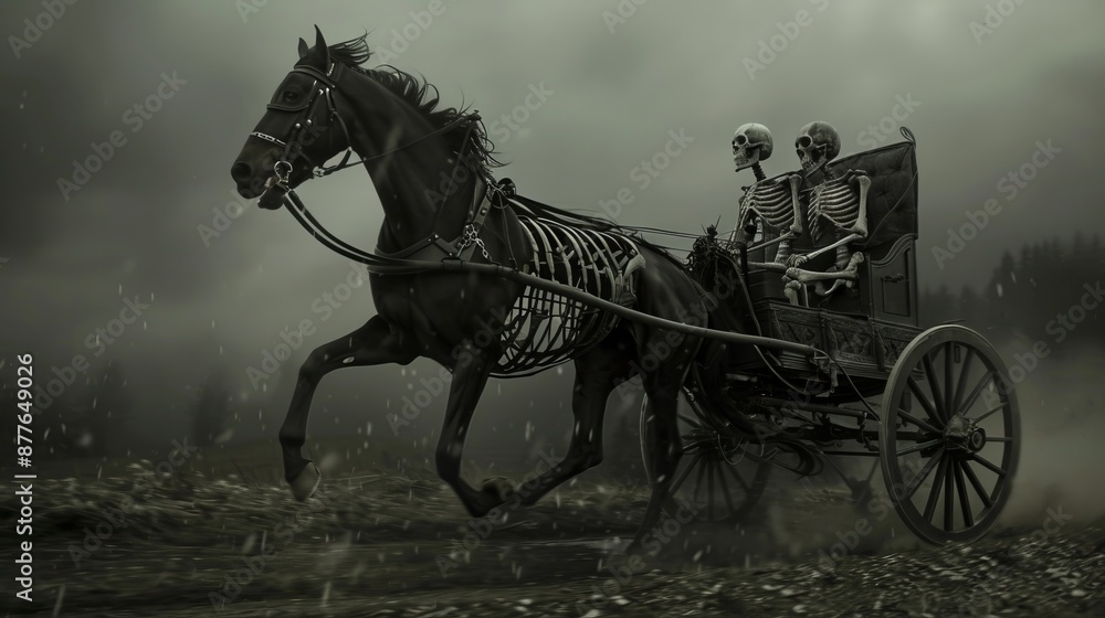 A scene with skeletons riding a buggy pulled by a skeleton-like horse in a stormy and dark environment, creating an eerie and captivating atmosphere. A scene with skeletons riding a buggy pulled by a skeleton-like horse in a stormy and dark environment, creating an eerie and captivating atmosphere.