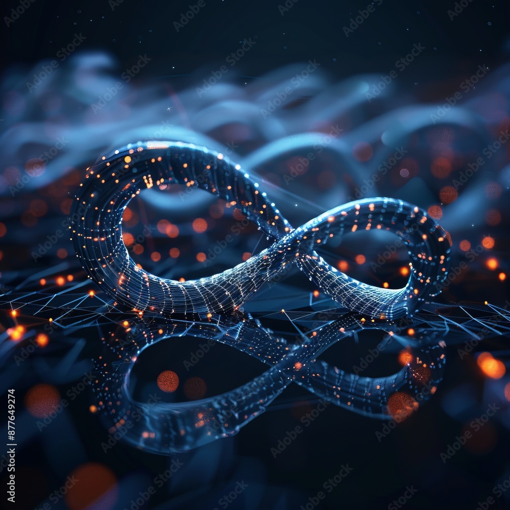 Obraz premium An abstract digital representation of an infinity loop illuminated by glowing lights, symbolizing endless possibilities, technology, and futuristic concepts, in a high-tech style.