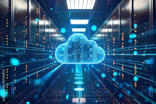 A cloud computing hub with data flowing between virtual servers