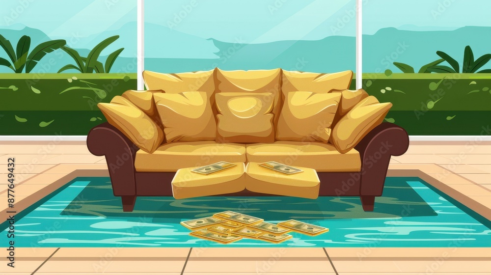 Obraz premium Cartoon illustration of a cozy living room with a brown couch, yellow cushions, and a patterned rug in front of large windows.