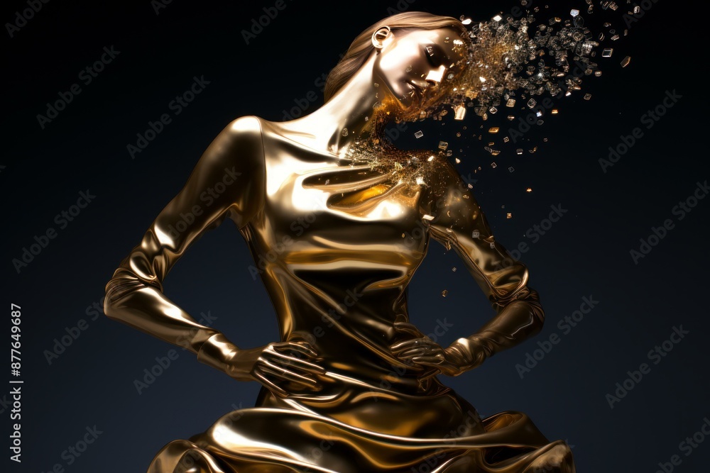 Artistic image of a golden woman figure disintegrating into sparkling fragments against a dark backdrop Artistic image of a golden woman figure disintegrating into sparkling fragments against a dark backdrop