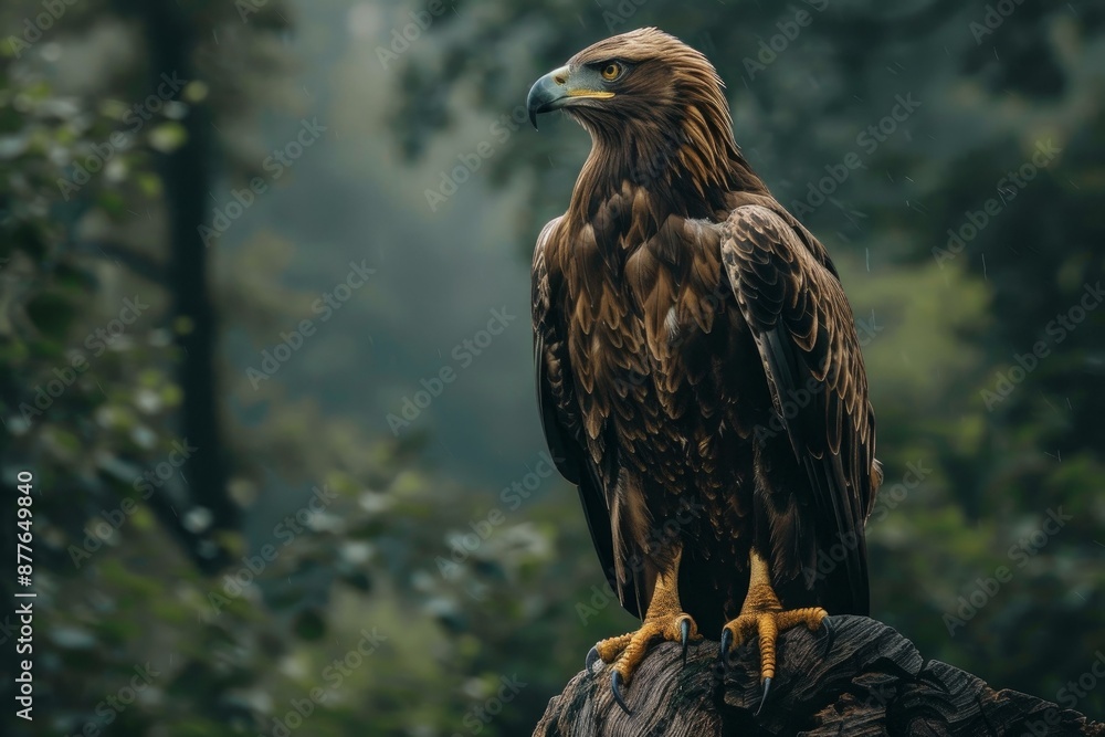 Majestically poised golden eagle is perched on a branch in a lush, green forest Majestically poised golden eagle is perched on a branch in a lush, green forest