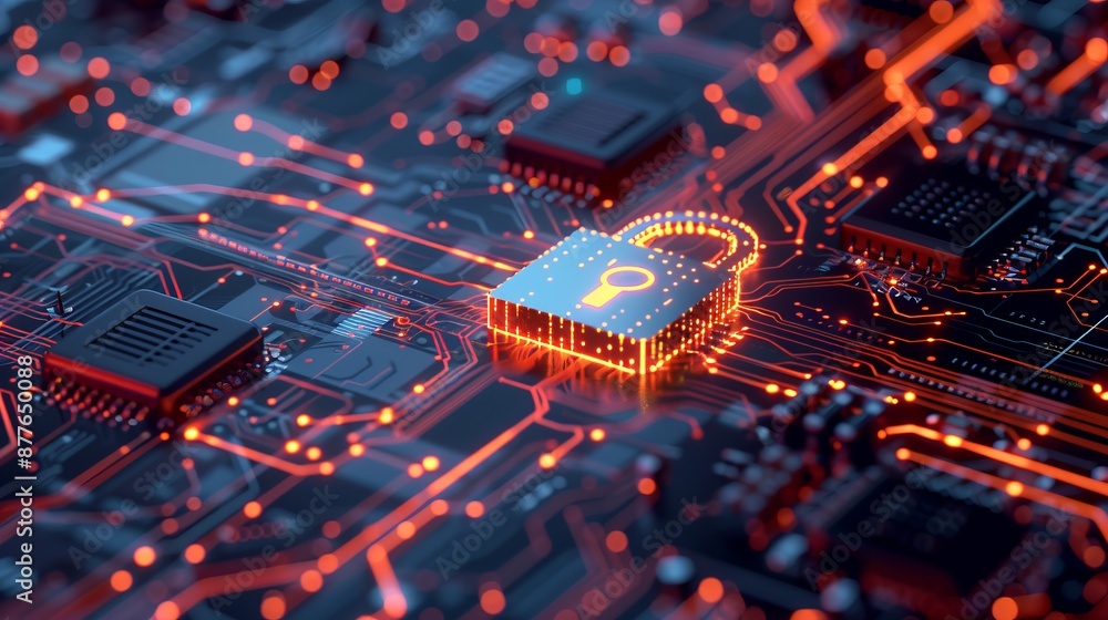 A high-tech depiction of a glowing lock on a circuit board, symbolizing cybersecurity, digital protection, and secure data handling with a futuristic style.