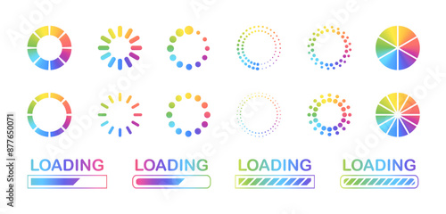 Loading icon set. Buffer loader or preloader. Download or Upload symbol in rainbow color gradient. Vector EPS 10