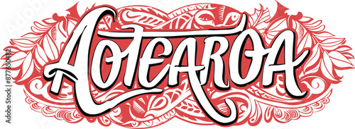 New Zealand vector illustration. Aotearoa black and red sticker, Polynesian Maori ethnic style artwork design.