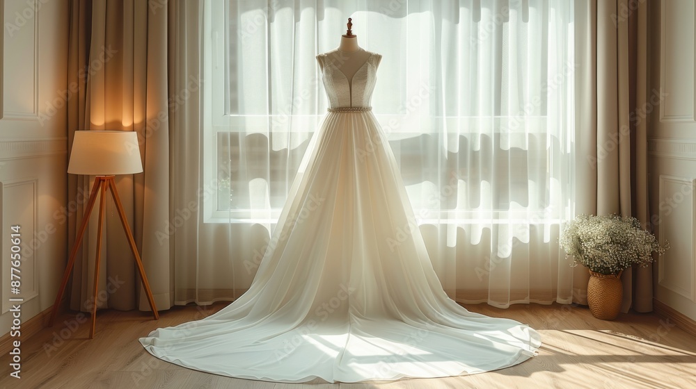 Dress on a mannequin in front of a window, wedding background Dress on a mannequin in front of a window, wedding background