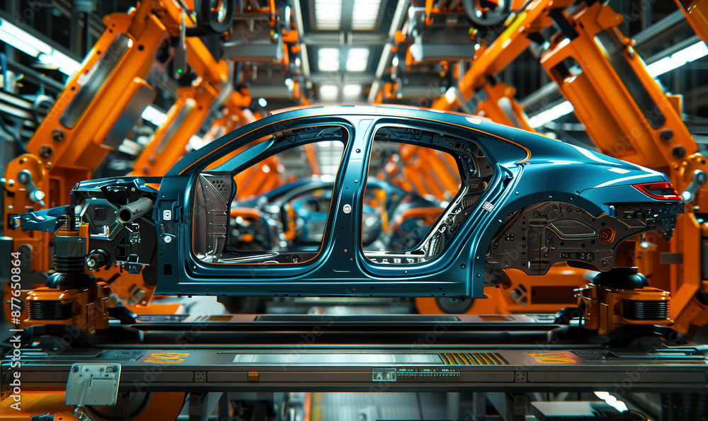 Car production line. assembly of a car on a conveyor belt. close-up of the car from the side Car production line. assembly of a car on a conveyor belt. close-up of the car from the side