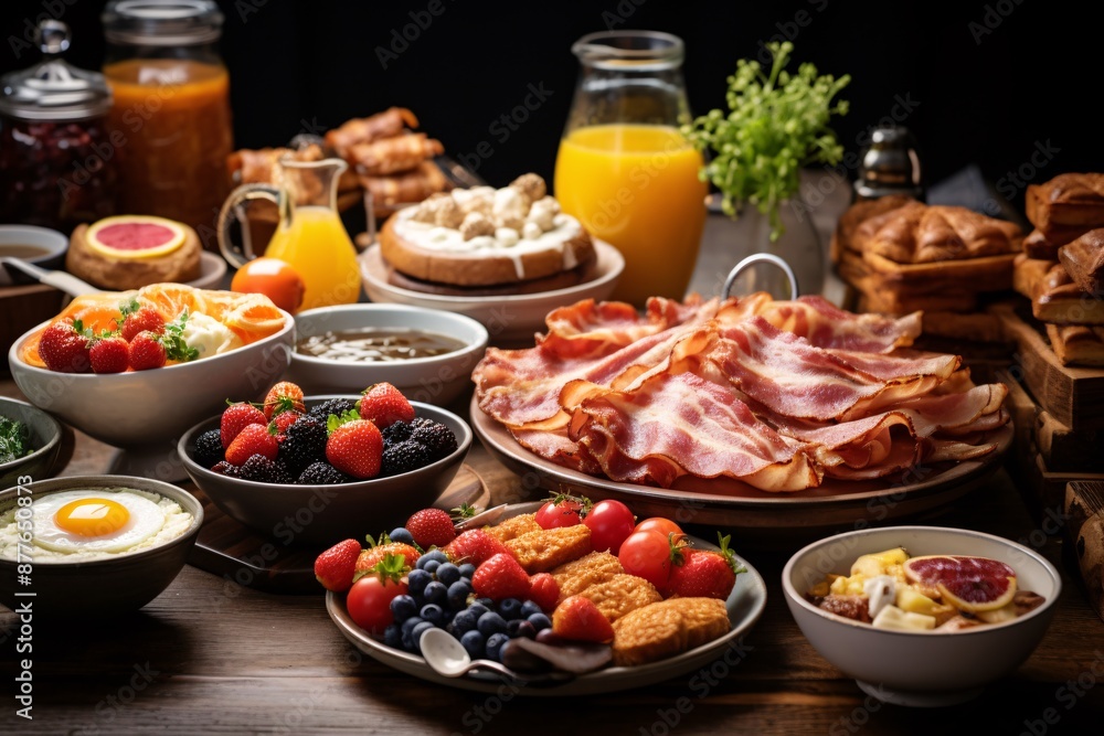 Brunch spread with a variet of dishes pastries. Village Breakfast with pastries, vegetables, greens, spreads, cheeses, fried eggs, jams Brunch spread with a variet of dishes pastries. Village Breakfast with pastries, vegetables, greens, spreads, cheeses, fried eggs, jams