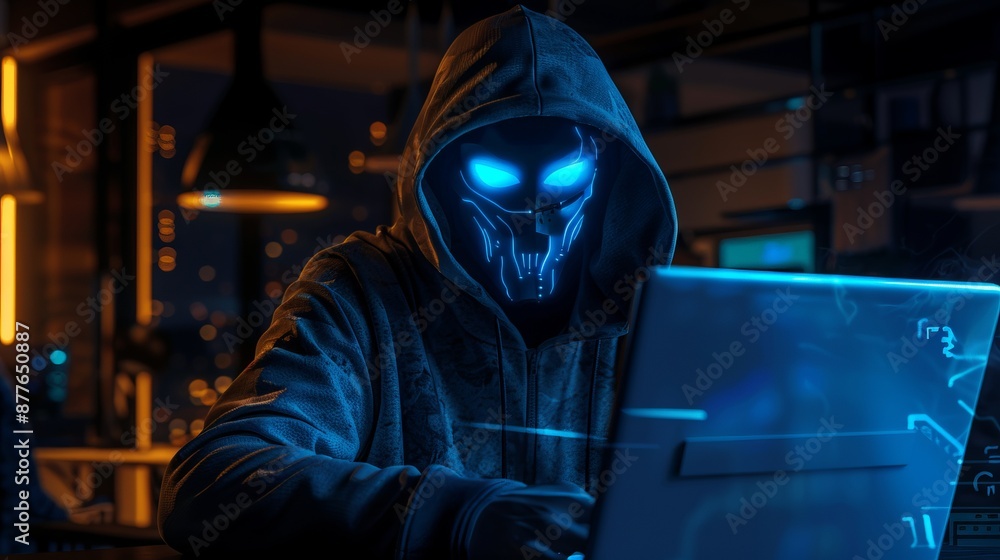 A futuristic figure in a hood operates a laptop in a neon-lit environment, with a glowing, robotic face, symbolizing cyber warfare and advanced technology. A futuristic figure in a hood operates a laptop in a neon-lit environment, with a glowing, robotic face, symbolizing cyber warfare and advanced technology.