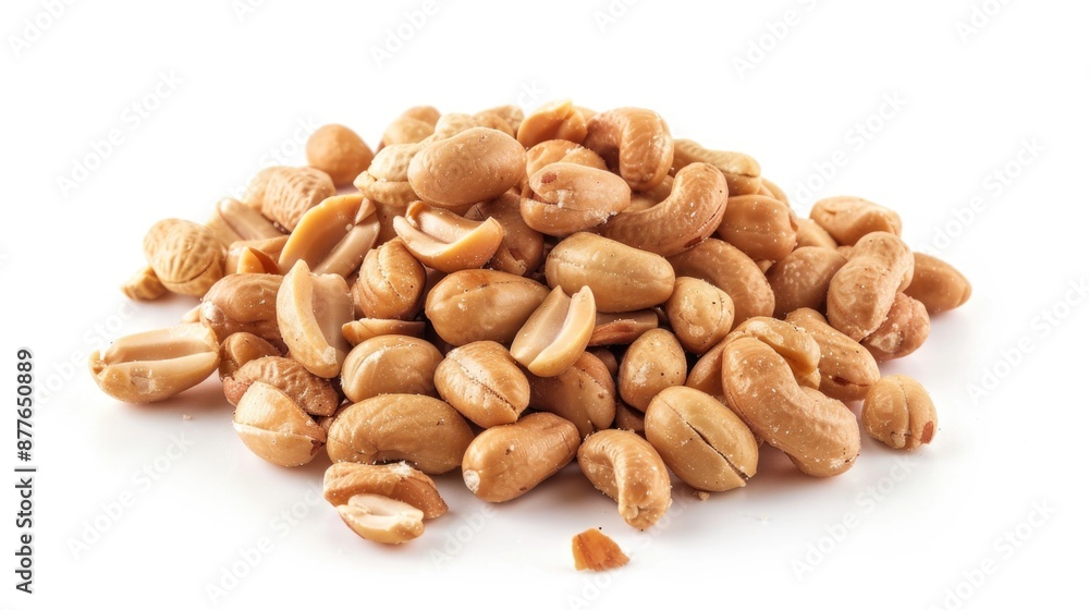 A pile of cashew nuts arranged neatly on a white surface, ideal for food photography or product display A pile of cashew nuts arranged neatly on a white surface, ideal for food photography or product display
