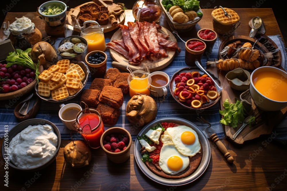 Brunch spread with a variet of dishes pastries. Village Breakfast with pastries, vegetables, greens, spreads, cheeses, fried eggs, jams Brunch spread with a variet of dishes pastries. Village Breakfast with pastries, vegetables, greens, spreads, cheeses, fried eggs, jams