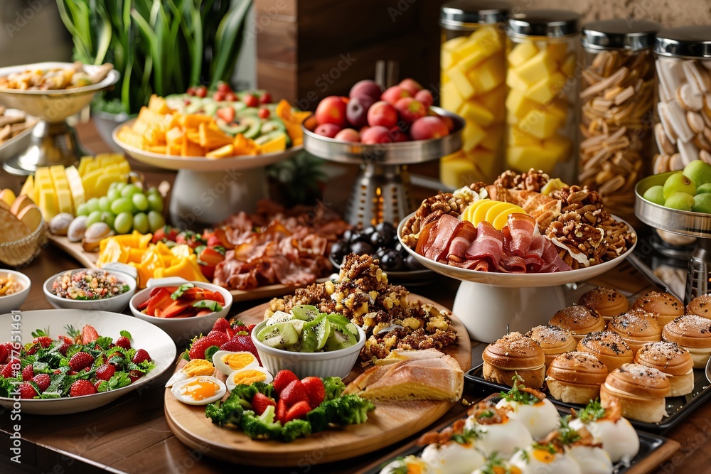 Brunch spread with a variet of dishes pastries. Village Breakfast with pastries, vegetables, greens, spreads, cheeses, fried eggs, jams Brunch spread with a variet of dishes pastries. Village Breakfast with pastries, vegetables, greens, spreads, cheeses, fried eggs, jams