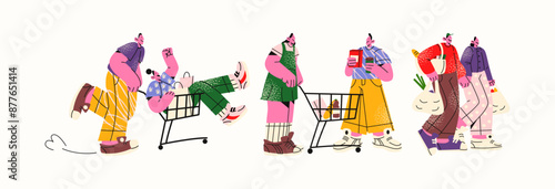 Cartoon characters shopping in a supermarket. Mascot people walking around the store with a grocery cart, vector doodle illustration in trendy groovy style